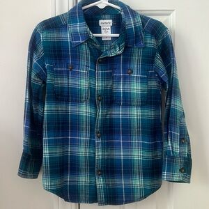 Carter’s boys long sleeve flannel button down. Blue and aqua. Size 4T.